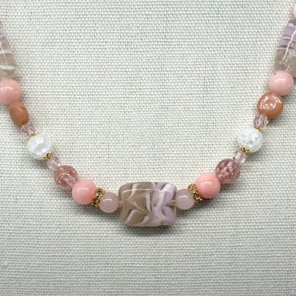 Necklace Hand Blown Glass Beads Pink Beige White Coral Beads Rhinestones - Picture 3 of 3